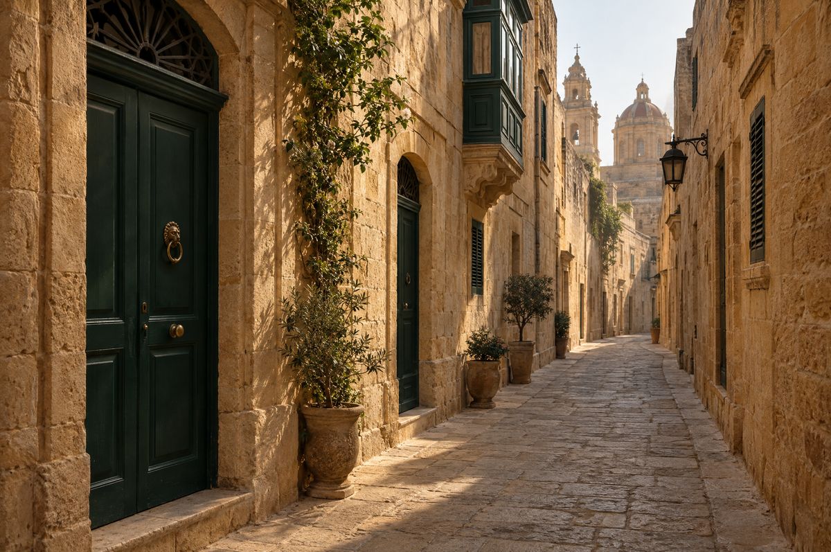 Sabah ışığında Mdina'nın dar taş sokağı