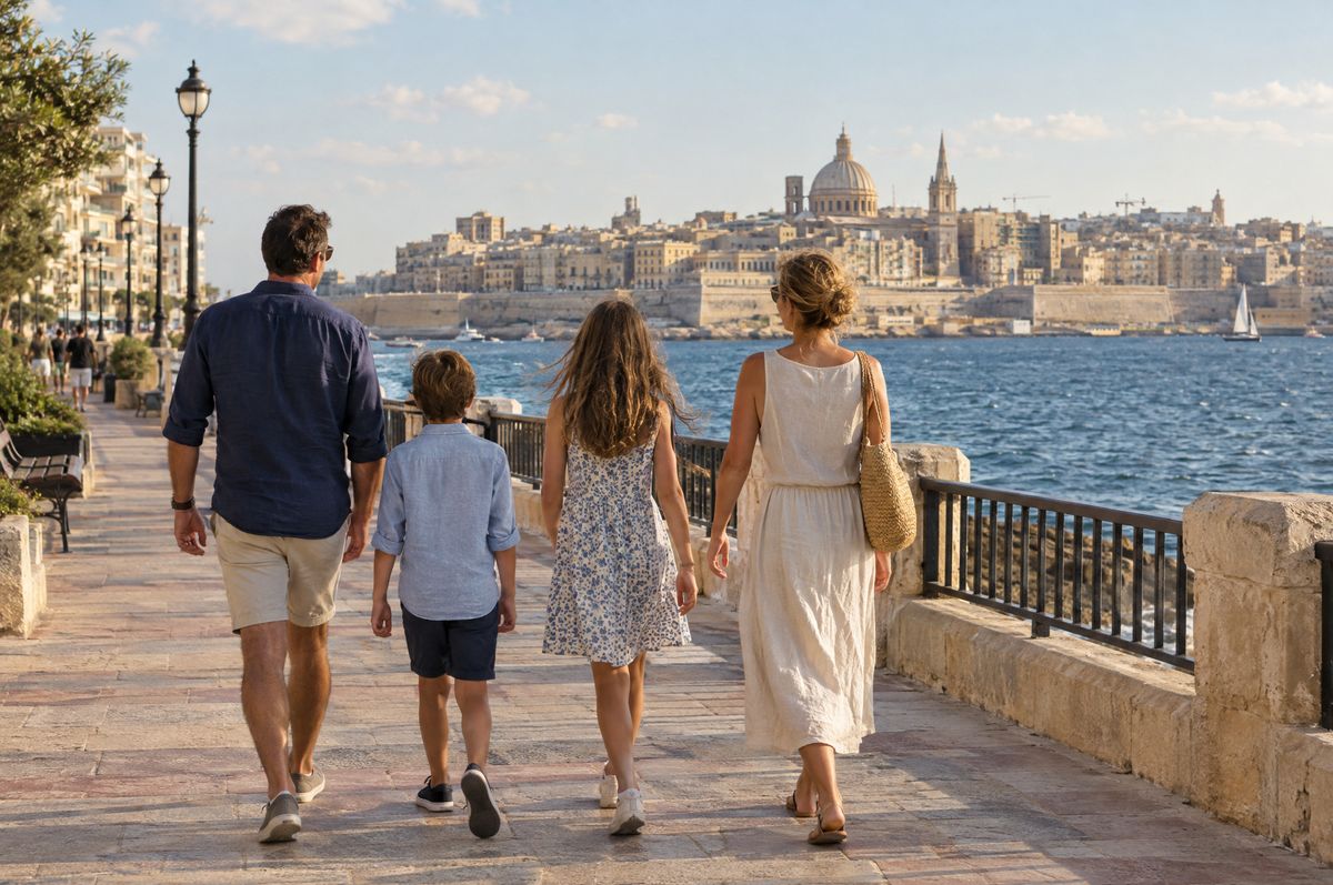 Sliema sahil yolunda yürüyen dört kişilik bir aile, karşıda Valletta
