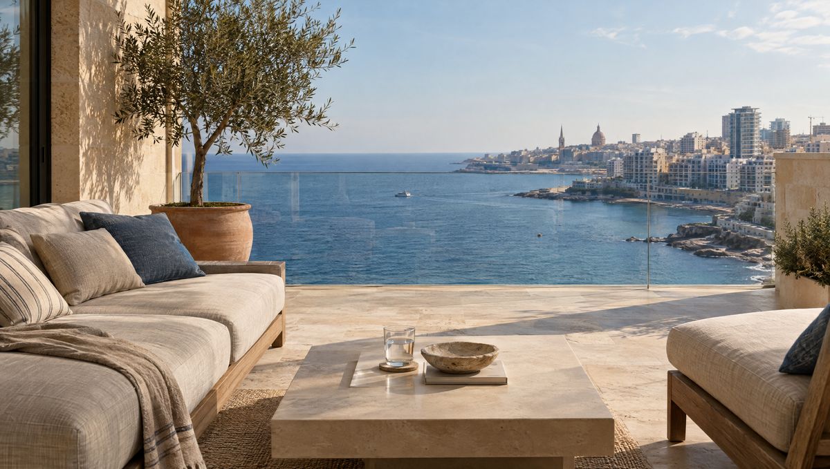 Deniz manzaralı modern bir apartman terası