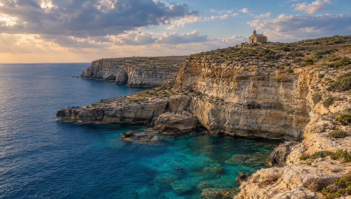 Gozo adasının kayalık sahili ve berrak deniz