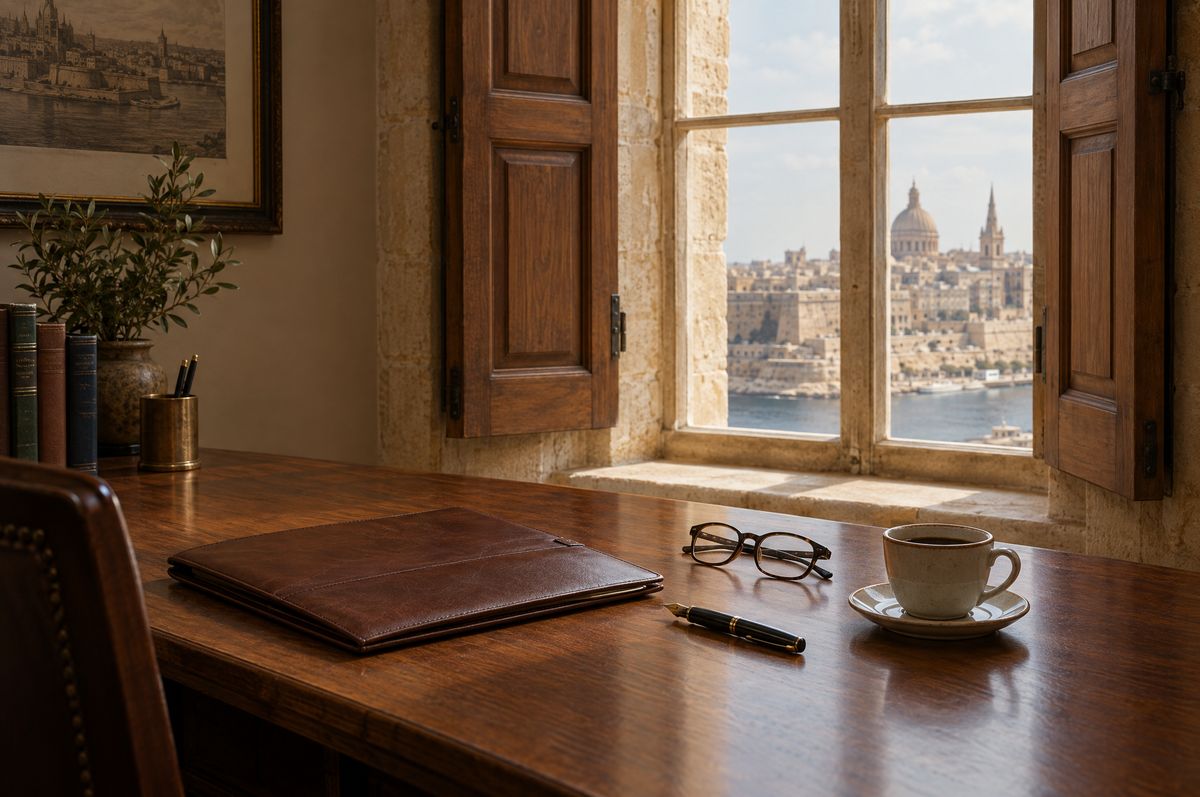 Valletta'da taş pencere önünde deri dosya ve dolma kalem bulunan bir çalışma masası