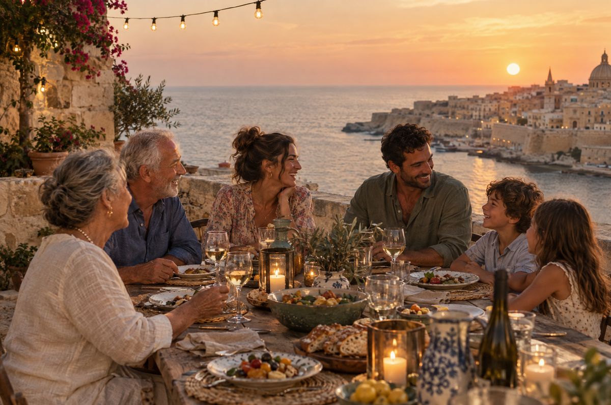 Malta'da bir terasta birlikte akşam yemeği yiyen üç kuşak aile